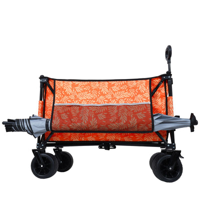 Heavy-Duty 480lbs Folding Wagon Cart with Bonus Picnic Mat - All-Terrain Beach Wheels, Drink Holders, Brakes & Side Pocket for Camping, Garden, Sports, orange print