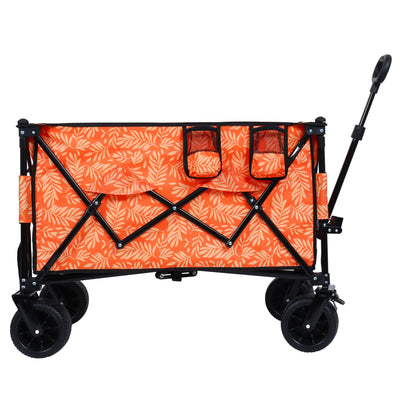 Heavy-Duty 480lbs Folding Wagon Cart with Bonus Picnic Mat - All-Terrain Beach Wheels, Drink Holders, Brakes & Side Pocket for Camping, Garden, Sports, orange print