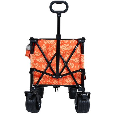 Heavy-Duty 480lbs Folding Wagon Cart with Bonus Picnic Mat - All-Terrain Beach Wheels, Drink Holders, Brakes & Side Pocket for Camping, Garden, Sports, orange print
