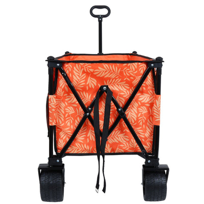 Heavy-Duty 480lbs Folding Wagon Cart with Bonus Picnic Mat - All-Terrain Beach Wheels, Drink Holders, Brakes & Side Pocket for Camping, Garden, Sports, orange print