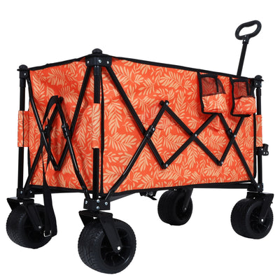 Heavy-Duty 480lbs Folding Wagon Cart with Bonus Picnic Mat - All-Terrain Beach Wheels, Drink Holders, Brakes & Side Pocket for Camping, Garden, Sports, orange print