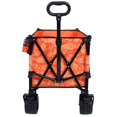 Heavy-Duty 480lbs Folding Wagon Cart with Bonus Picnic Mat - All-Terrain Beach Wheels, Drink Holders, Brakes & Side Pocket for Camping, Garden, Sports, orange print