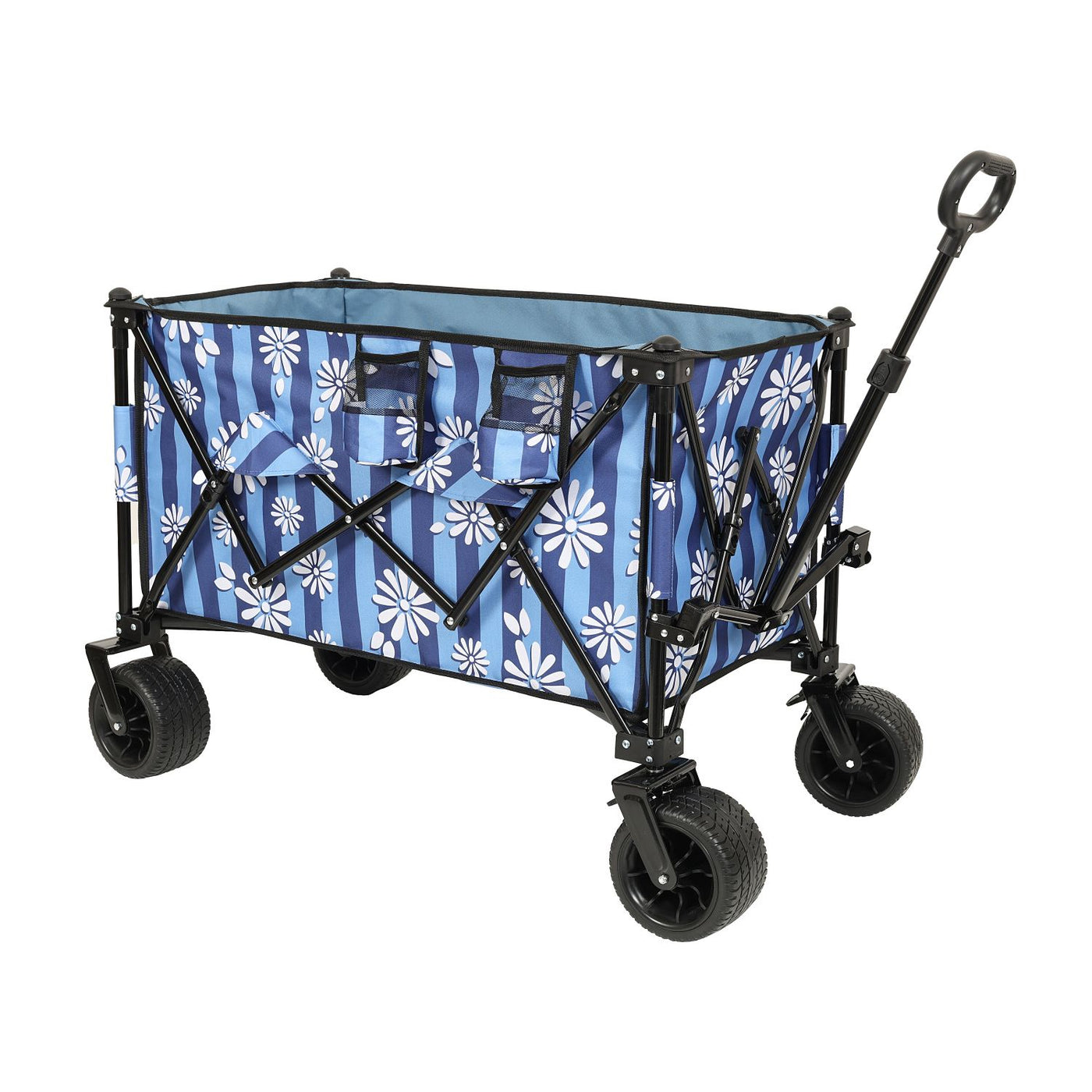 Heavy-Duty 480lbs Folding Wagon Cart with Bonus Picnic Mat - All-Terrain Beach Wheels, Drink Holders, Brakes & Side Pocket for Camping, Garden, Sports, blue vertical print
