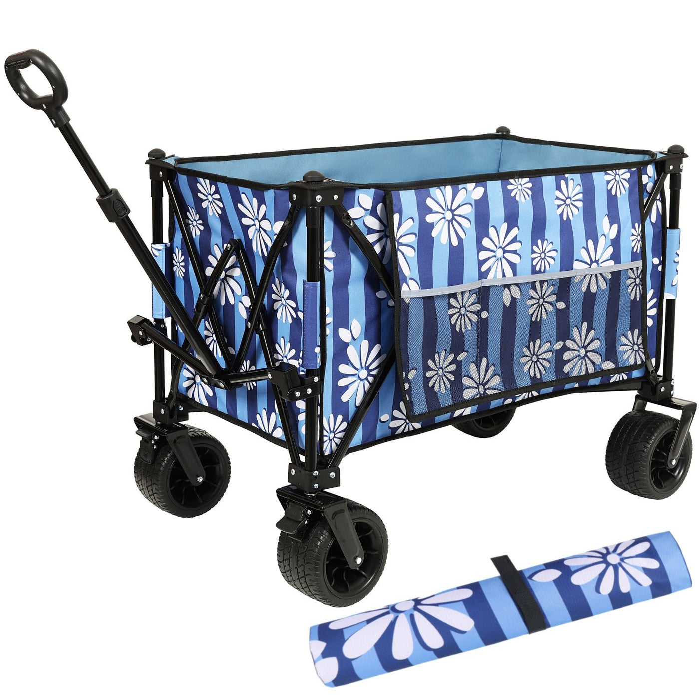 Heavy-Duty 480lbs Folding Wagon Cart with Bonus Picnic Mat - All-Terrain Beach Wheels, Drink Holders, Brakes & Side Pocket for Camping, Garden, Sports, blue vertical print