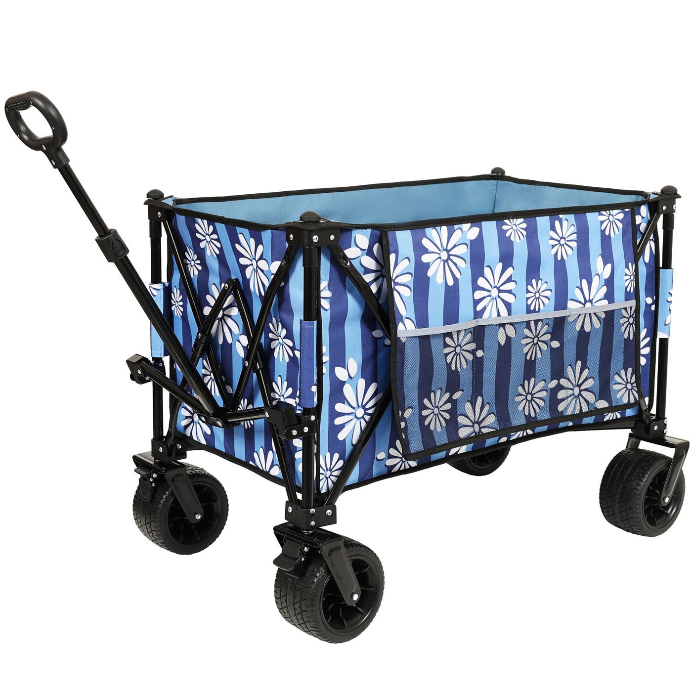 Heavy-Duty 480lbs Folding Wagon Cart with Bonus Picnic Mat - All-Terrain Beach Wheels, Drink Holders, Brakes & Side Pocket for Camping, Garden, Sports, blue vertical print