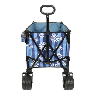Heavy-Duty 480lbs Folding Wagon Cart with Bonus Picnic Mat - All-Terrain Beach Wheels, Drink Holders, Brakes & Side Pocket for Camping, Garden, Sports, blue vertical print