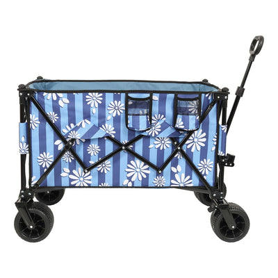 Heavy-Duty 480lbs Folding Wagon Cart with Bonus Picnic Mat - All-Terrain Beach Wheels, Drink Holders, Brakes & Side Pocket for Camping, Garden, Sports, blue vertical print