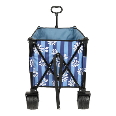 Heavy-Duty 480lbs Folding Wagon Cart with Bonus Picnic Mat - All-Terrain Beach Wheels, Drink Holders, Brakes & Side Pocket for Camping, Garden, Sports, blue vertical print