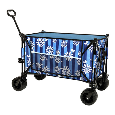 Heavy-Duty 480lbs Folding Wagon Cart with Bonus Picnic Mat - All-Terrain Beach Wheels, Drink Holders, Brakes & Side Pocket for Camping, Garden, Sports, blue vertical print