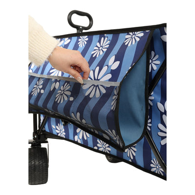 Heavy-Duty 480lbs Folding Wagon Cart with Bonus Picnic Mat - All-Terrain Beach Wheels, Drink Holders, Brakes & Side Pocket for Camping, Garden, Sports, blue vertical print
