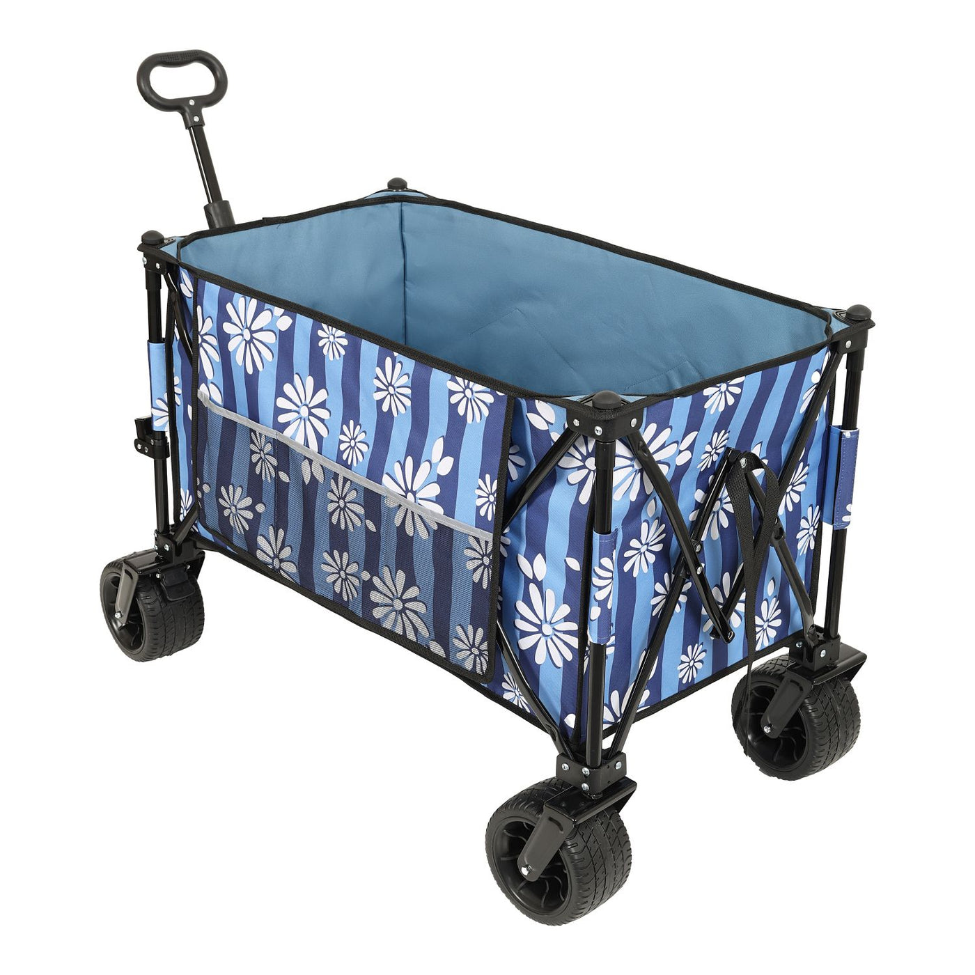 Heavy-Duty 480lbs Folding Wagon Cart with Bonus Picnic Mat - All-Terrain Beach Wheels, Drink Holders, Brakes & Side Pocket for Camping, Garden, Sports, blue vertical print