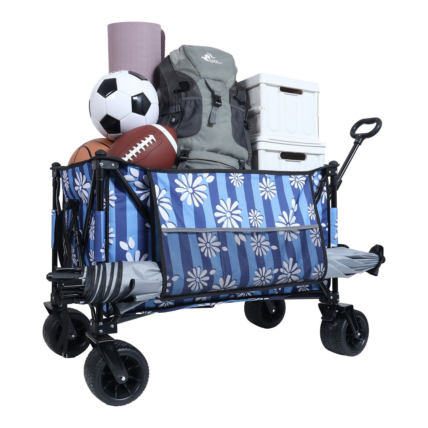 Heavy-Duty 480lbs Folding Wagon Cart with Bonus Picnic Mat - All-Terrain Beach Wheels, Drink Holders, Brakes & Side Pocket for Camping, Garden, Sports, blue vertical print
