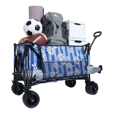 Heavy-Duty 480lbs Folding Wagon Cart with Bonus Picnic Mat - All-Terrain Beach Wheels, Drink Holders, Brakes & Side Pocket for Camping, Garden, Sports, blue vertical print
