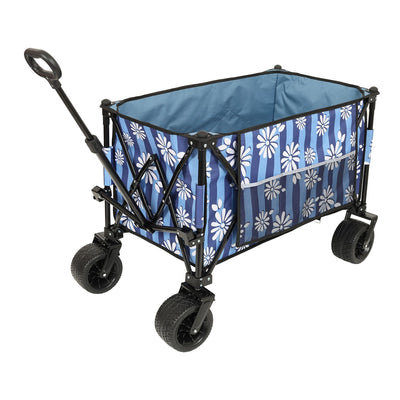 Heavy-Duty 480lbs Folding Wagon Cart with Bonus Picnic Mat - All-Terrain Beach Wheels, Drink Holders, Brakes & Side Pocket for Camping, Garden, Sports, blue vertical print