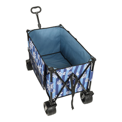 Heavy-Duty 480lbs Folding Wagon Cart with Bonus Picnic Mat - All-Terrain Beach Wheels, Drink Holders, Brakes & Side Pocket for Camping, Garden, Sports, blue vertical print