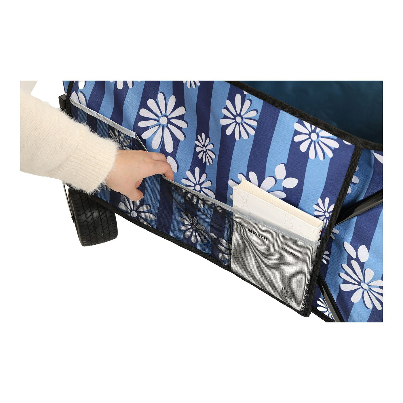 Heavy-Duty 480lbs Folding Wagon Cart with Bonus Picnic Mat - All-Terrain Beach Wheels, Drink Holders, Brakes & Side Pocket for Camping, Garden, Sports, blue vertical print