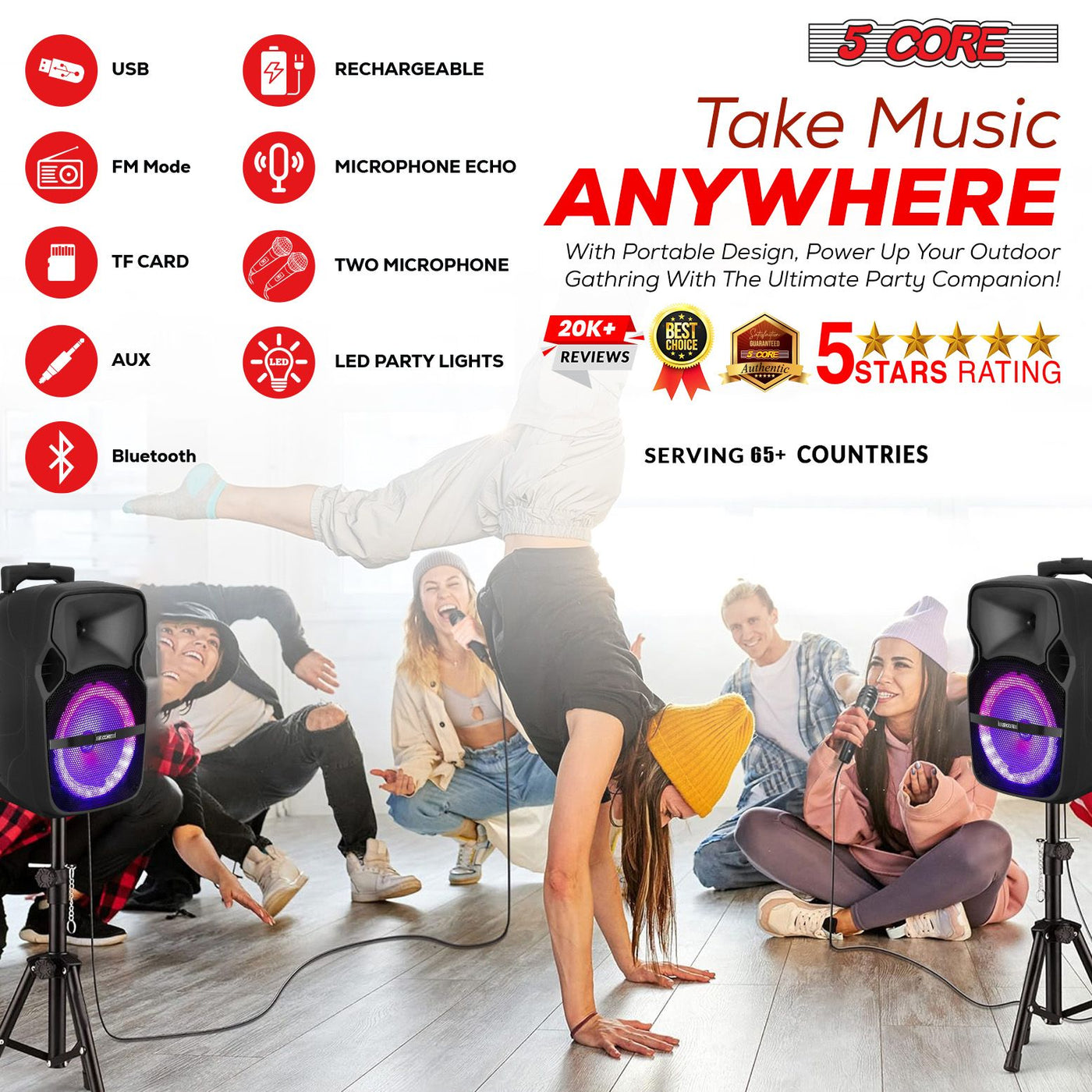 5 Core 10 inch PA Portable Bluetooth Party Speaker Karaoke Boombox + 2 Wireless Mics : ACTIVE HOME 10 2-MIC 2 PIC