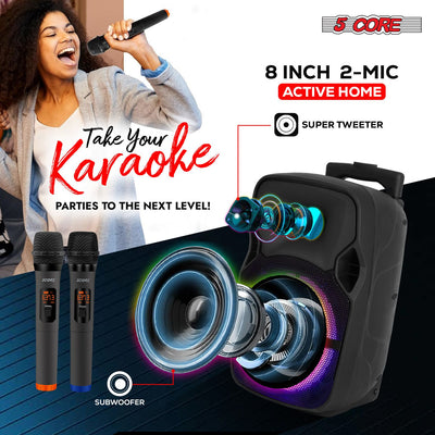 5 Core 10 inch PA Portable Bluetooth Party Speaker Karaoke Boombox + 2 Wireless Mics : ACTIVE HOME 10 2-MIC 2 PIC