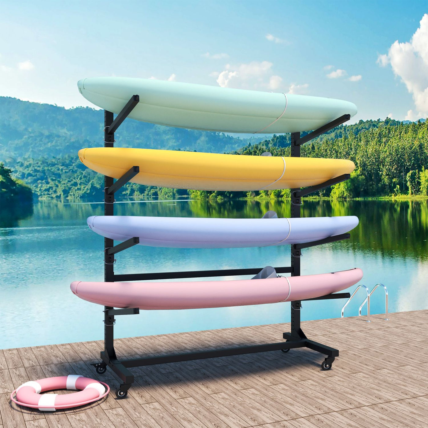 80''H Freestanding Kayak Storage Rack – Holds 4 Kayaks, Heavy-Duty Adjustable Stand with Lockable Wheels for Kayak, Canoe, SUP & Surfboard, 45.87"W*28.94"D*80"H