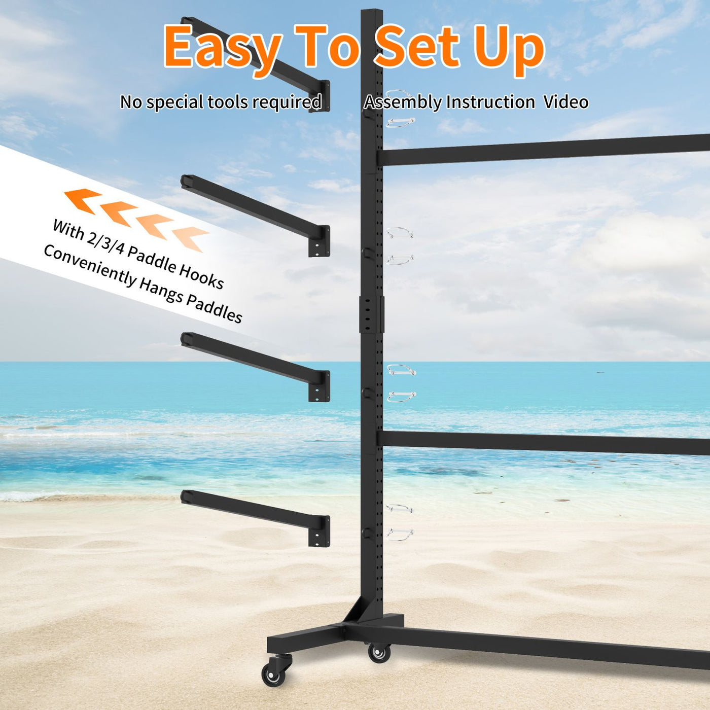 80''H Freestanding Kayak Storage Rack – Holds 4 Kayaks, Heavy-Duty Adjustable Stand with Lockable Wheels for Kayak, Canoe, SUP & Surfboard, 45.87"W*28.94"D*80"H