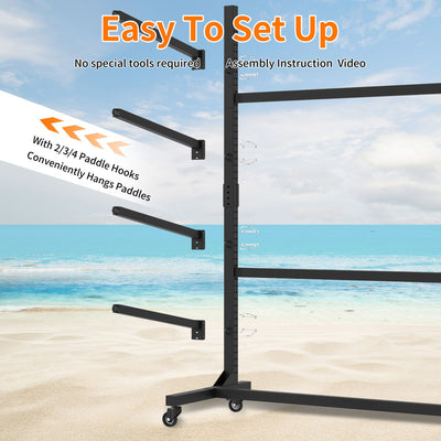 80''H Freestanding Kayak Storage Rack – Holds 4 Kayaks, Heavy-Duty Adjustable Stand with Lockable Wheels for Kayak, Canoe, SUP & Surfboard, 45.87"W*28.94"D*80"H