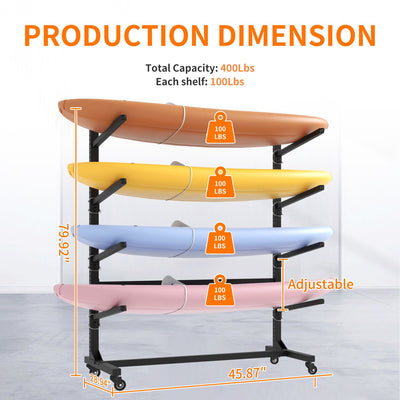 80''H Freestanding Kayak Storage Rack – Holds 4 Kayaks, Heavy-Duty Adjustable Stand with Lockable Wheels for Kayak, Canoe, SUP & Surfboard, 45.87"W*28.94"D*80"H