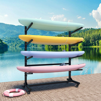 80''H Freestanding Kayak Storage Rack – Holds 4 Kayaks, Heavy-Duty Adjustable Stand with Lockable Wheels for Kayak, Canoe, SUP & Surfboard, 45.87"W*28.94"D*80"H