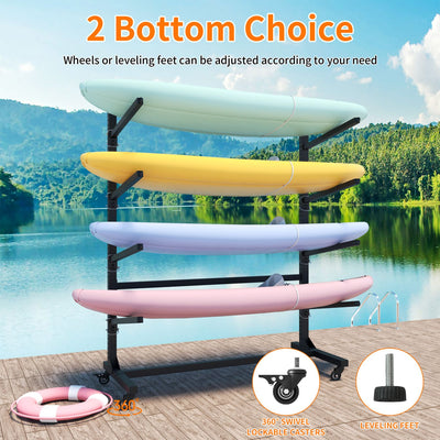 80''H Freestanding Kayak Storage Rack – Holds 4 Kayaks, Heavy-Duty Adjustable Stand with Lockable Wheels for Kayak, Canoe, SUP & Surfboard, 45.87"W*28.94"D*80"H