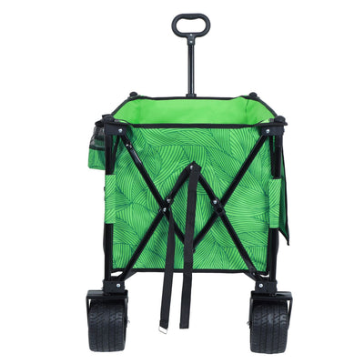 Heavy-Duty 480lbs Folding Wagon Cart with Bonus Picnic Mat - All-Terrain Beach Wheels, Drink Holders, Brakes & Side Pocket for Camping, Garden, Sports, green line