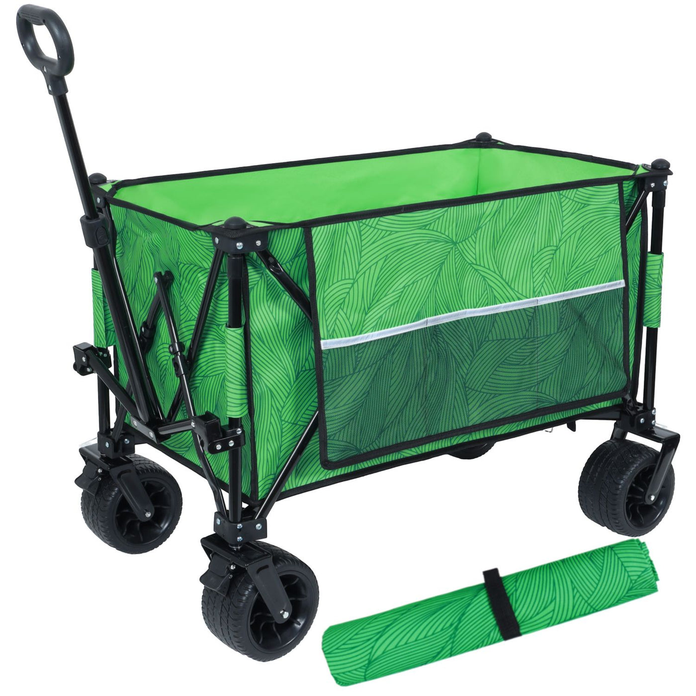 Heavy-Duty 480lbs Folding Wagon Cart with Bonus Picnic Mat - All-Terrain Beach Wheels, Drink Holders, Brakes & Side Pocket for Camping, Garden, Sports, green line