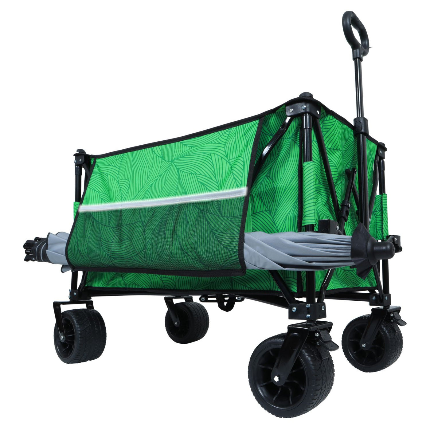Heavy-Duty 480lbs Folding Wagon Cart with Bonus Picnic Mat - All-Terrain Beach Wheels, Drink Holders, Brakes & Side Pocket for Camping, Garden, Sports, green line