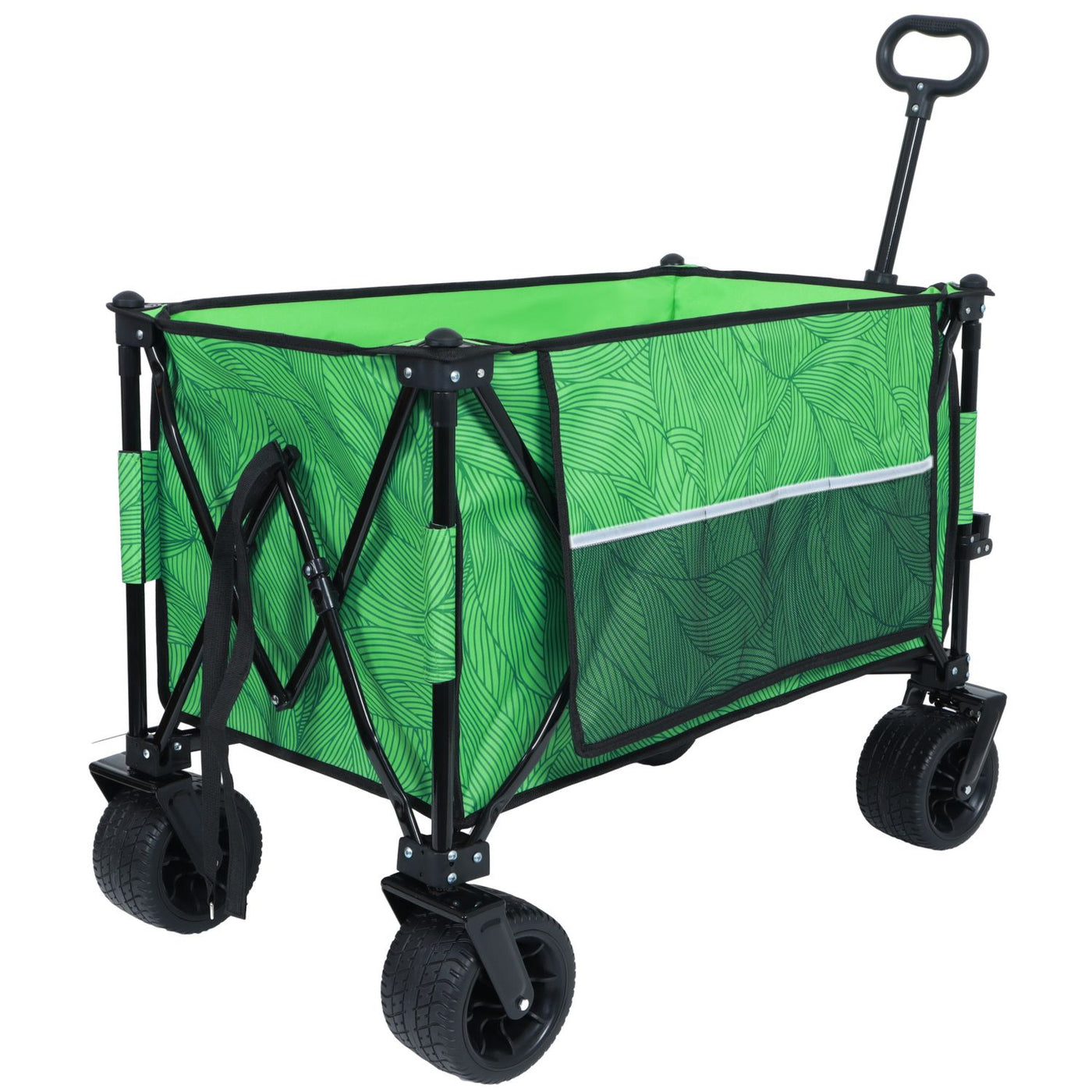Heavy-Duty 480lbs Folding Wagon Cart with Bonus Picnic Mat - All-Terrain Beach Wheels, Drink Holders, Brakes & Side Pocket for Camping, Garden, Sports, green line