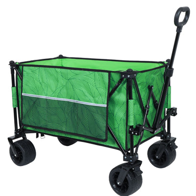 Heavy-Duty 480lbs Folding Wagon Cart with Bonus Picnic Mat - All-Terrain Beach Wheels, Drink Holders, Brakes & Side Pocket for Camping, Garden, Sports, green line