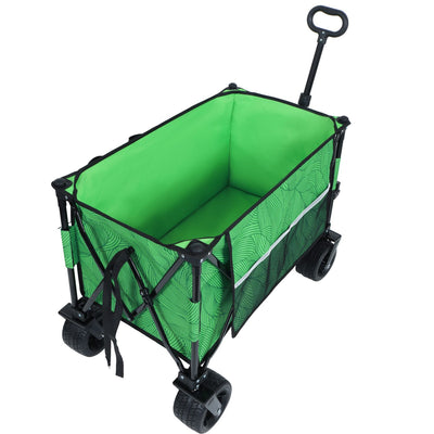 Heavy-Duty 480lbs Folding Wagon Cart with Bonus Picnic Mat - All-Terrain Beach Wheels, Drink Holders, Brakes & Side Pocket for Camping, Garden, Sports, green line
