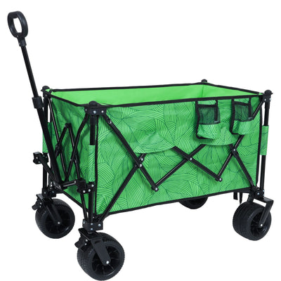 Heavy-Duty 480lbs Folding Wagon Cart with Bonus Picnic Mat - All-Terrain Beach Wheels, Drink Holders, Brakes & Side Pocket for Camping, Garden, Sports, green line