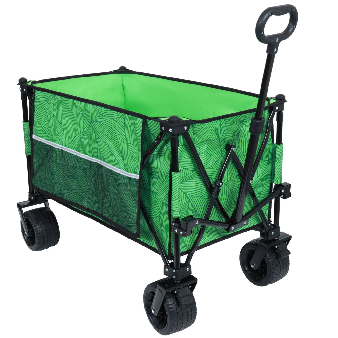 Heavy-Duty 480lbs Folding Wagon Cart with Bonus Picnic Mat - All-Terrain Beach Wheels, Drink Holders, Brakes & Side Pocket for Camping, Garden, Sports, green line