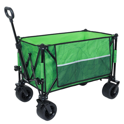 Heavy-Duty 480lbs Folding Wagon Cart with Bonus Picnic Mat - All-Terrain Beach Wheels, Drink Holders, Brakes & Side Pocket for Camping, Garden, Sports, green line
