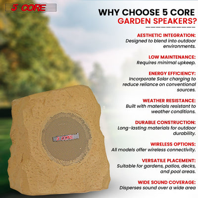 5 Core Rock Speaker Outdoor Waterproof Bluetooth Garden Speakers Solar & USB Charging RGB Colors for Patio Pool & Home
