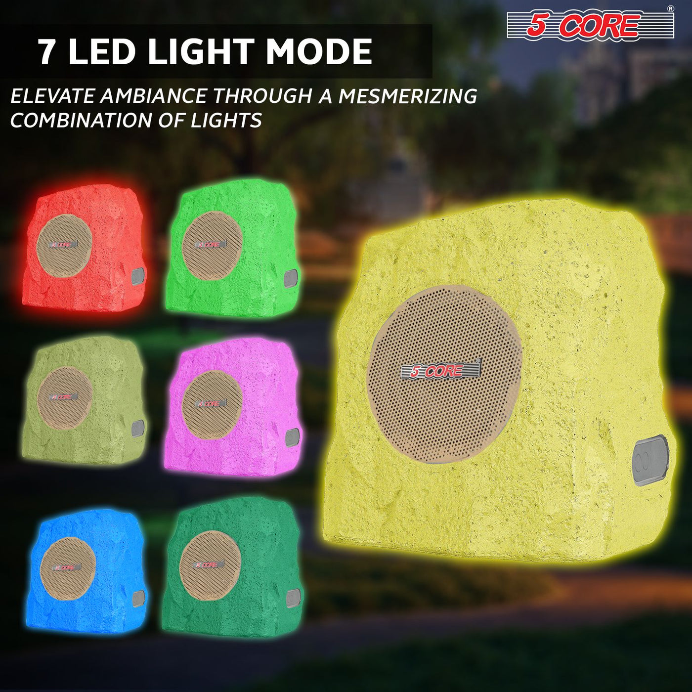 5 Core Rock Speaker Outdoor Waterproof Bluetooth Garden Speakers Solar & USB Charging RGB Colors for Patio Pool & Home
