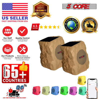 5 Core Rock Speaker Outdoor Waterproof Bluetooth Garden Speakers Solar & USB Charging RGB Colors for Patio Pool & Home