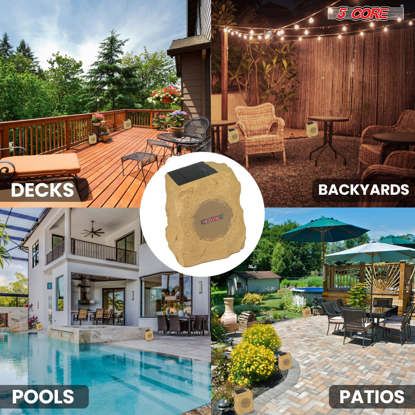 5 Core Rock Speaker Outdoor Waterproof Bluetooth Garden Speakers Solar & USB Charging RGB Colors for Patio Pool & Home
