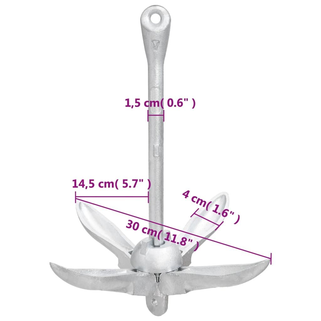 Folding Anchor with Rope Silver 3.3 lb Malleable Iron