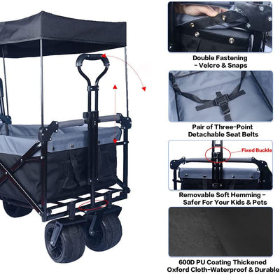 Collapsible Wagon 140L Wagons Carts Foldable with Removable Canopy, Folding Wagon Cart with Wheels for All-Terrain with Brake, Foldable Wagon with Cooler Bag, for Camping Beach Shopping