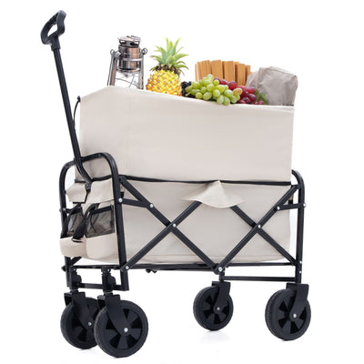 Collapsible Foldable Wagon Cart Beach Wagon Heavy Duty Utility Cart Utility Wagon Grocery Cart for for Camping Shopping Sports Gardeing Fishing Supports 225lbs All-Terrain Wheels cream