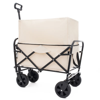 Collapsible Foldable Wagon Cart Beach Wagon Heavy Duty Utility Cart Utility Wagon Grocery Cart for for Camping Shopping Sports Gardeing Fishing Supports 225lbs All-Terrain Wheels cream