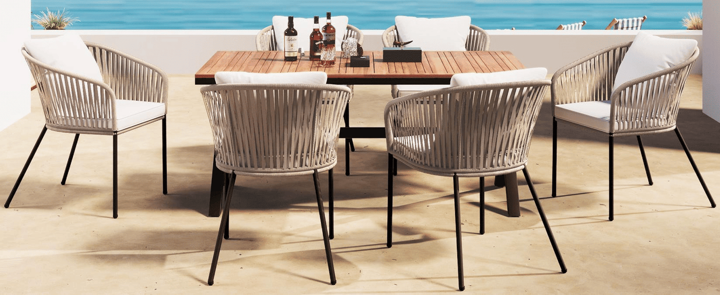 GO 7 Pieces Patio Dining Set, All-Weather Outdoor Furniture Set with Dining Table and Chairs, Acacia Wood Tabletop, Metal Frame, for for Garden, Backyard, Balcony, Beige