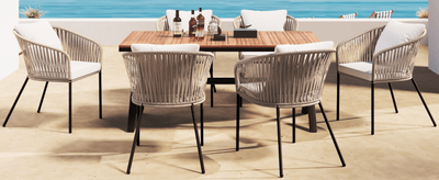 GO 7 Pieces Patio Dining Set, All-Weather Outdoor Furniture Set with Dining Table and Chairs, Acacia Wood Tabletop, Metal Frame, for for Garden, Backyard, Balcony, Beige