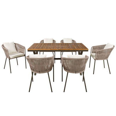 GO 7 Pieces Patio Dining Set, All-Weather Outdoor Furniture Set with Dining Table and Chairs, Acacia Wood Tabletop, Metal Frame, for for Garden, Backyard, Balcony, Beige