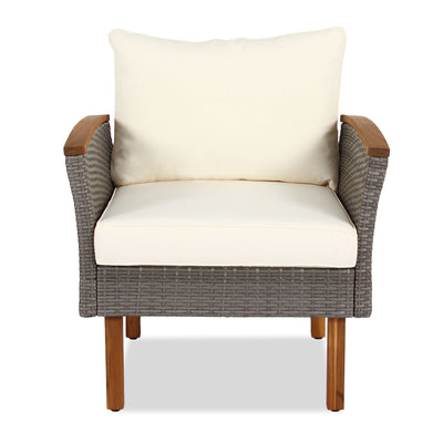GO 9-Piece Patio Rattan Furniture Set, Outdoor Conversation Set With Acacia Wood Legs and Tabletop, PE Rattan Sectional Sofa Set with Coffee Table, Washable Cushion, Beige