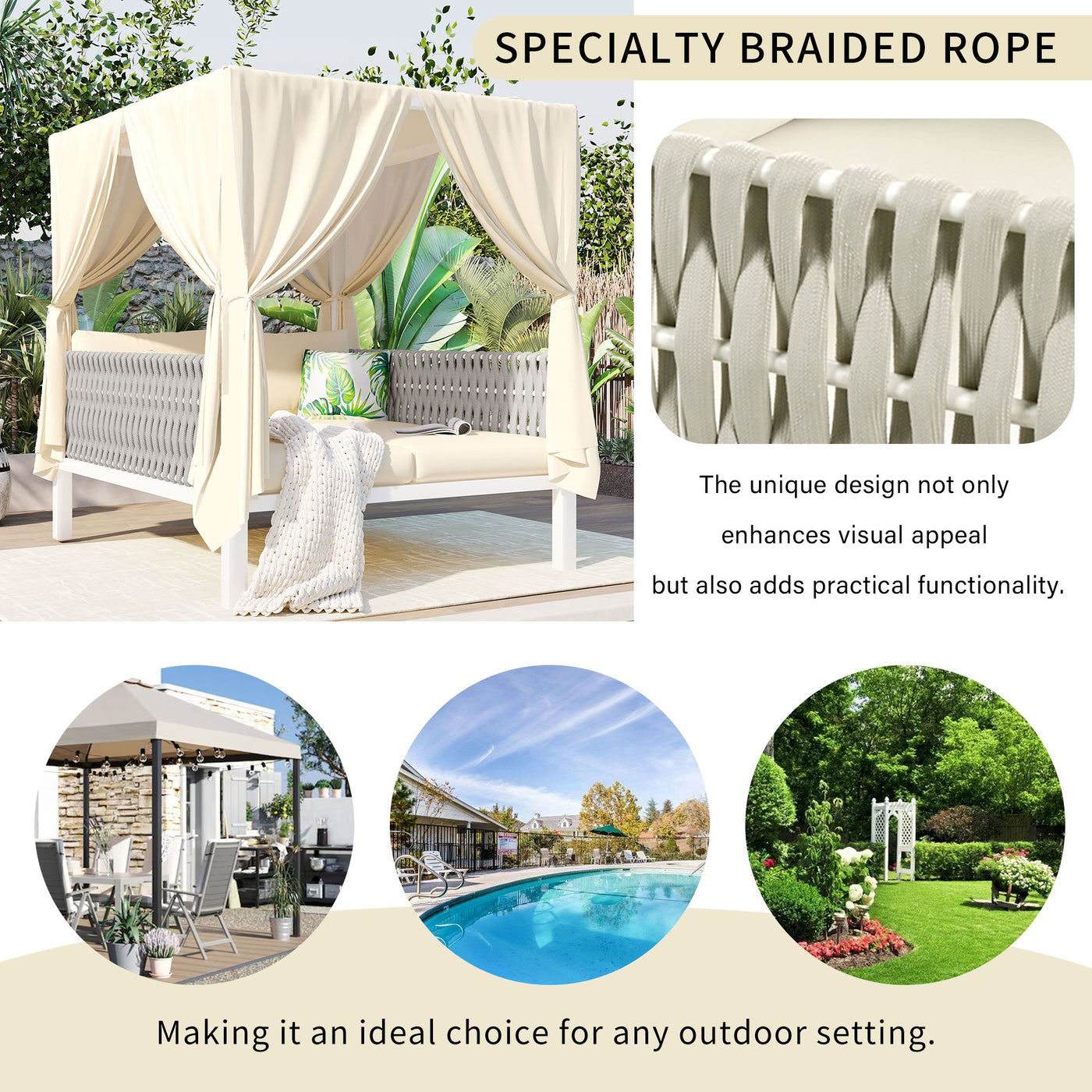 U_Style Outdoor Patio Sunbed with Curtains, High Comfort, Suitable for Multiple Scenarios